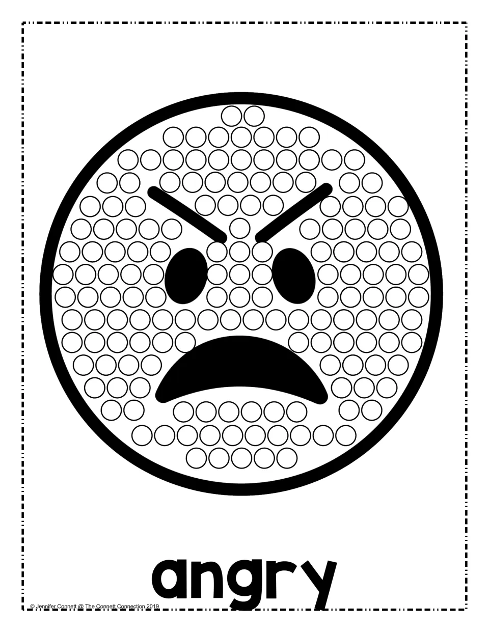 Angry emotion dot painting: students fill circles with paint dots on a face with slanted brows and a downturned frown