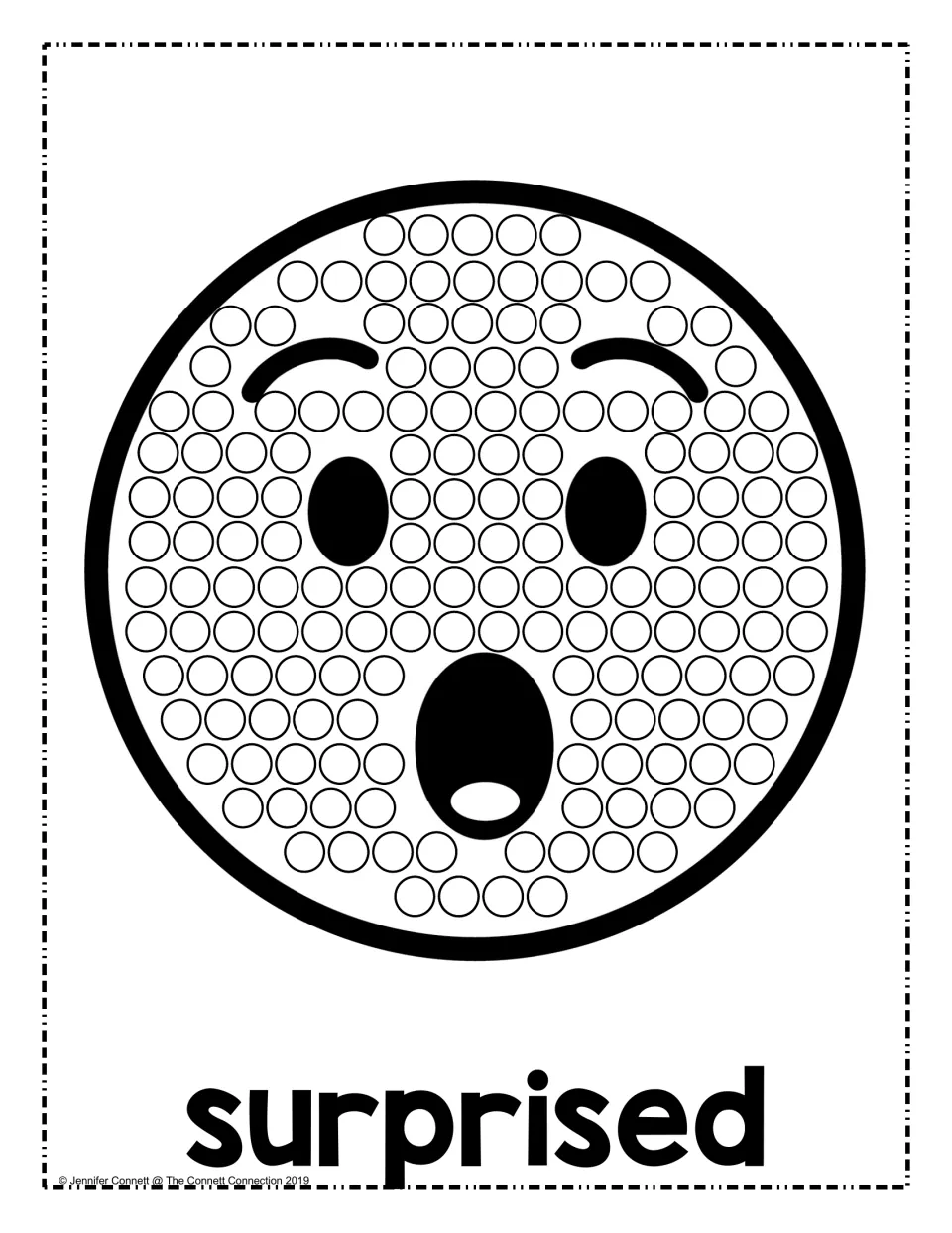 Surprised emotion dot painting: students dab dots on a face with lifted eyebrows, oval eyes and a wide-open round mouth