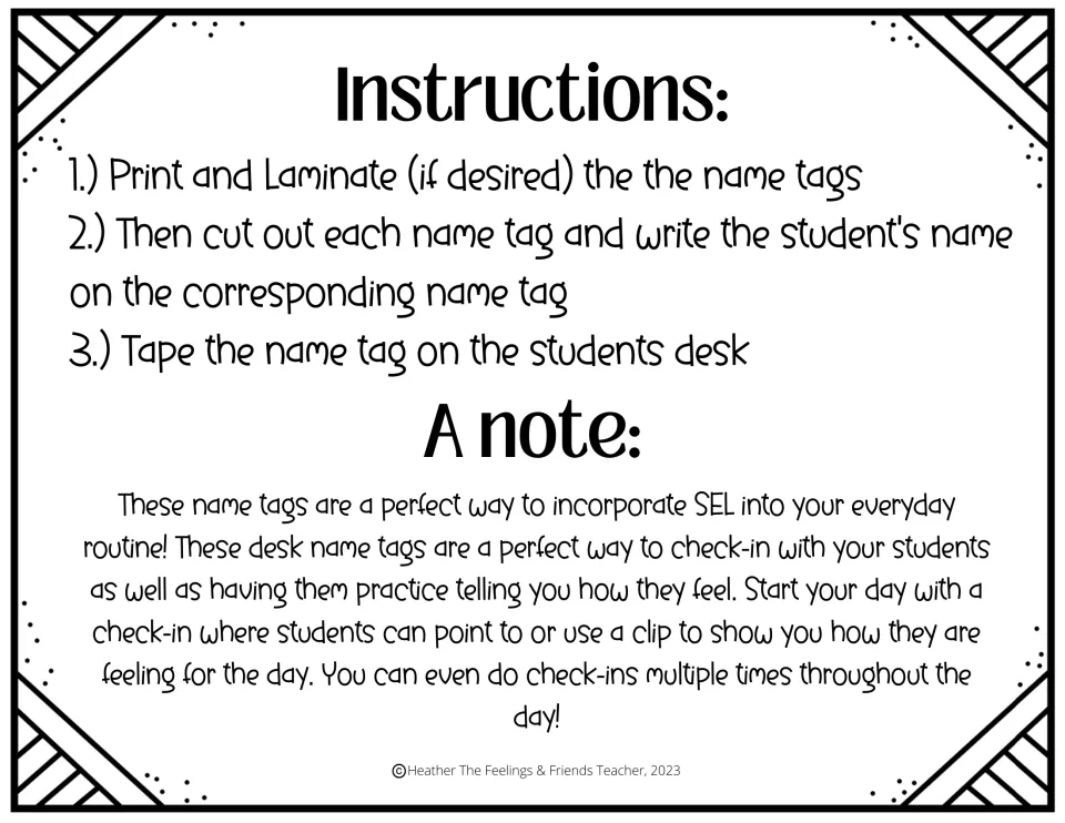 Assembly instructions for the desk name tags and guidance for daily SEL check-ins by pointing or using a clip.