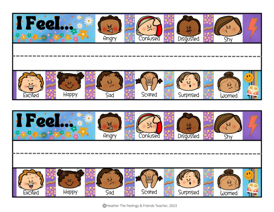 Two identical 'I Feel...' desk name tags, each showing 10 labeled emotions, including angry, happy, and sad.