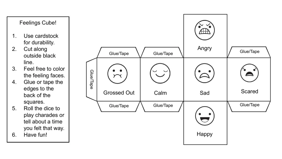 Feelings cube template: students cut and fold a die with angry, calm, sad, scared, happy and grossed out faces