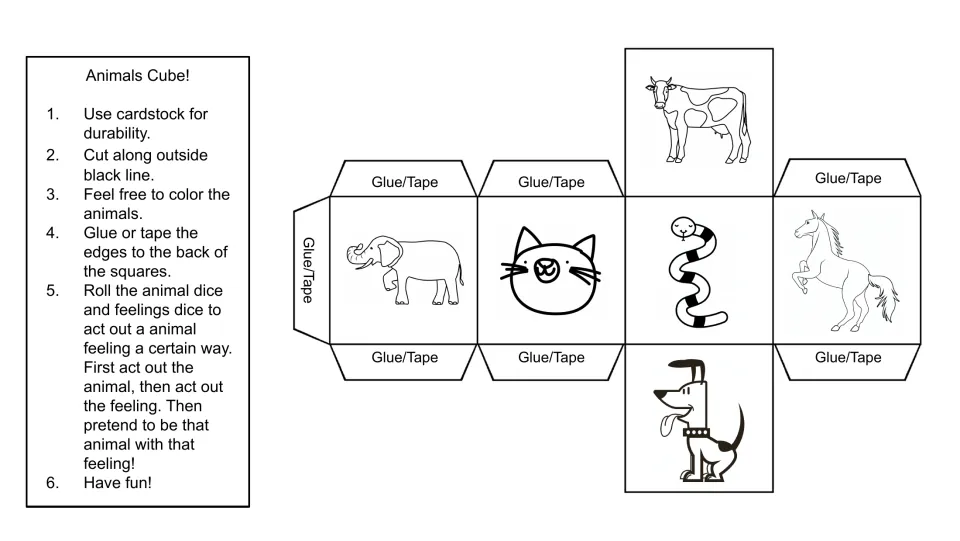 Animals cube template: students build a die showing a cow, elephant, cat, snake, horse and dog to act out with a feeling