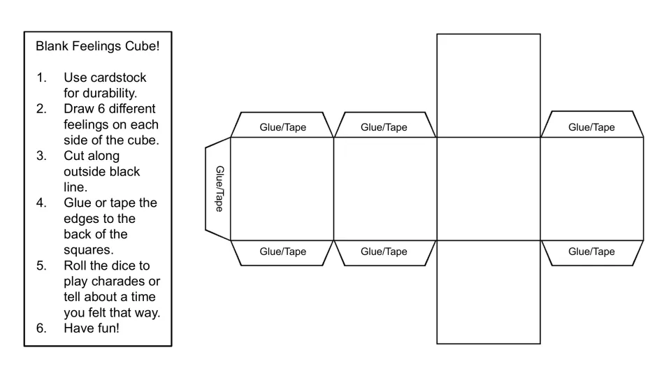 Blank feelings cube template: students draw six feelings on the faces, then cut, glue and roll to play charades