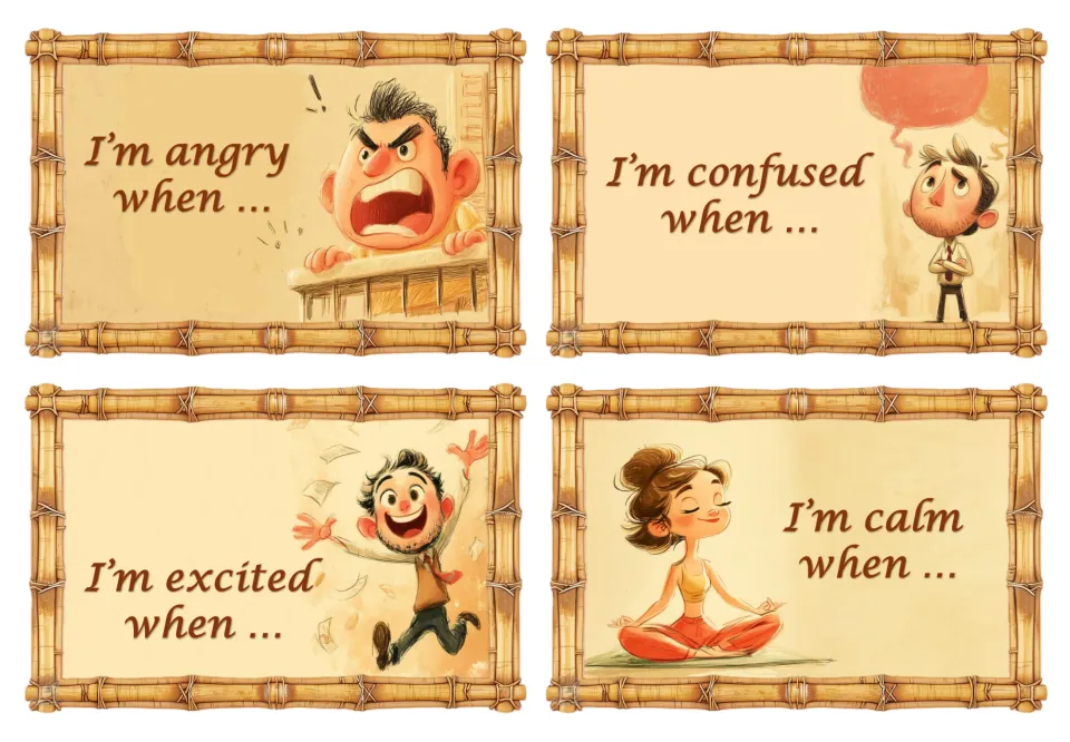 Feelings speaking cards: students finish I'm angry, confused, excited and calm when … with illustrated characters