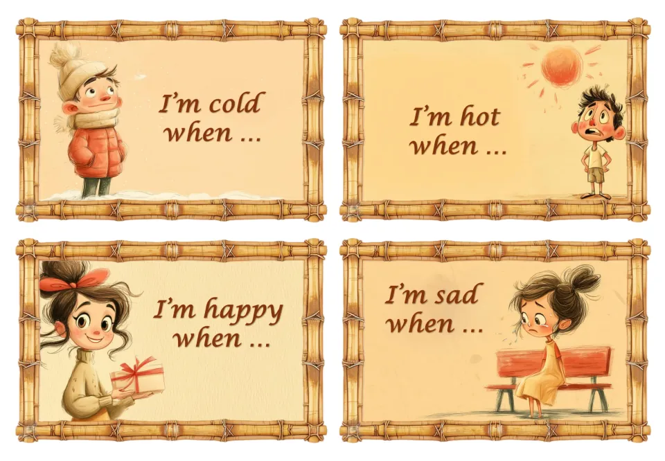 Feelings and body states cards: students complete I'm cold, hot, happy and sad when … to talk about their own experiences