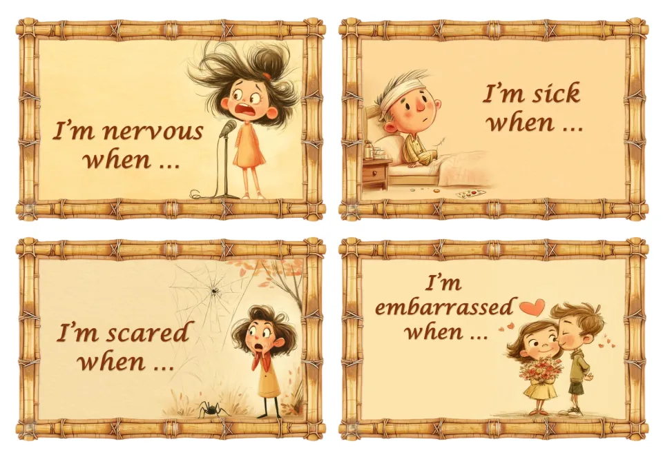 Emotion cards: students finish I'm nervous, sick, scared and embarrassed when … aloud, each with a cartoon child