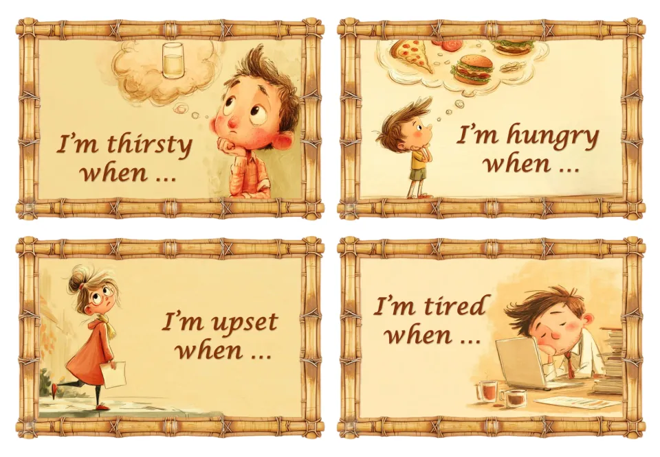 Needs and feelings cards: students complete I'm thirsty, hungry, upset and tired when … with a reason from their own day