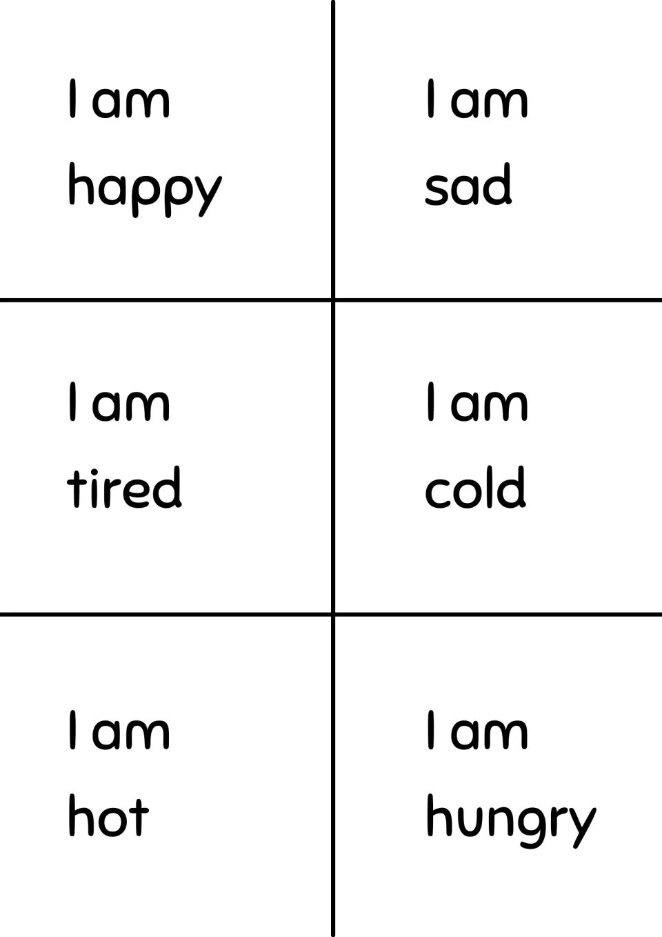 Feelings word cards reading I am happy, sad, tired, cold, hot and hungry, for students to cut out and match to pictures