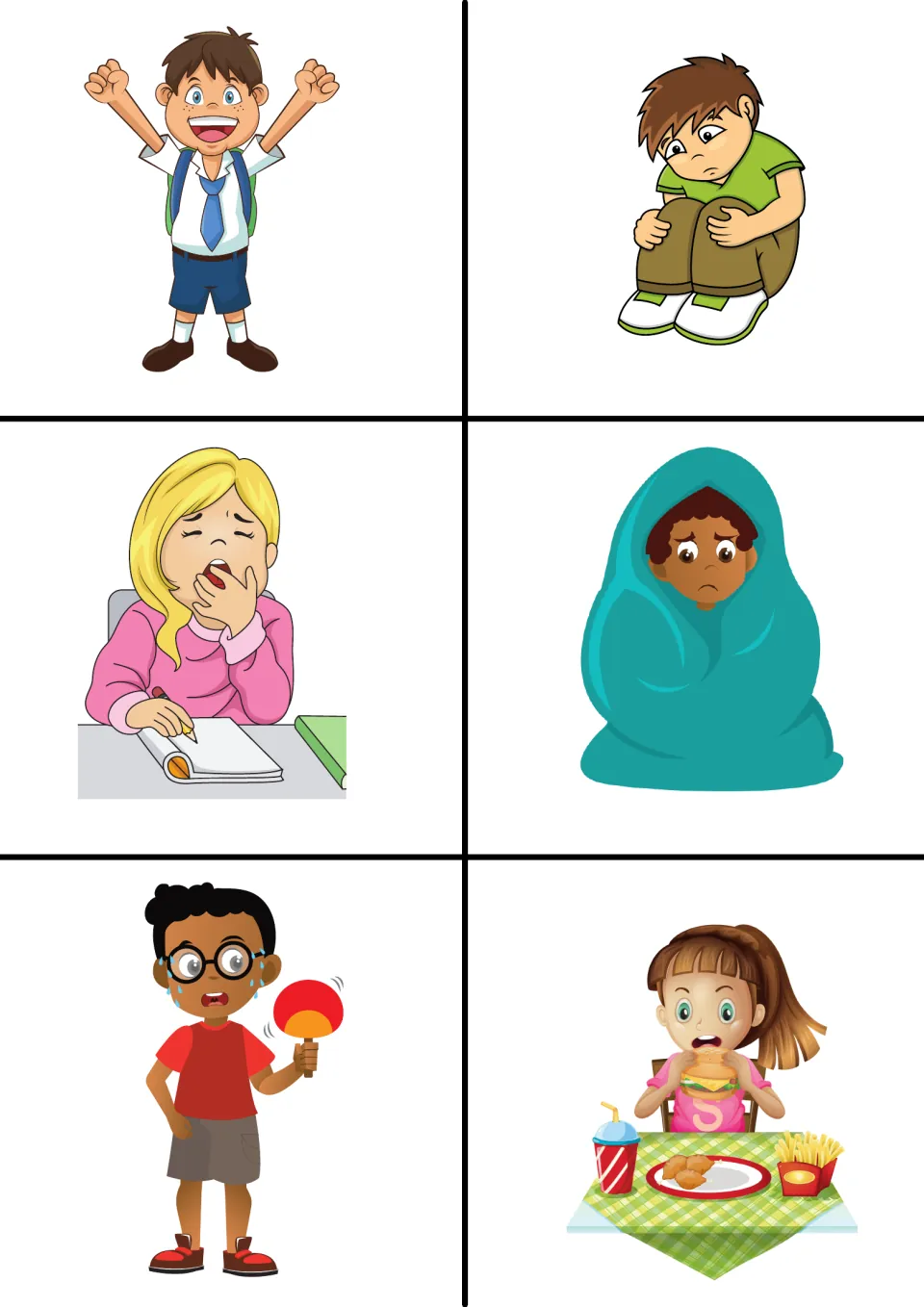 Feelings picture cards: six children who look happy, sad, tired, cold in a blanket, hot with a fan and hungry with food