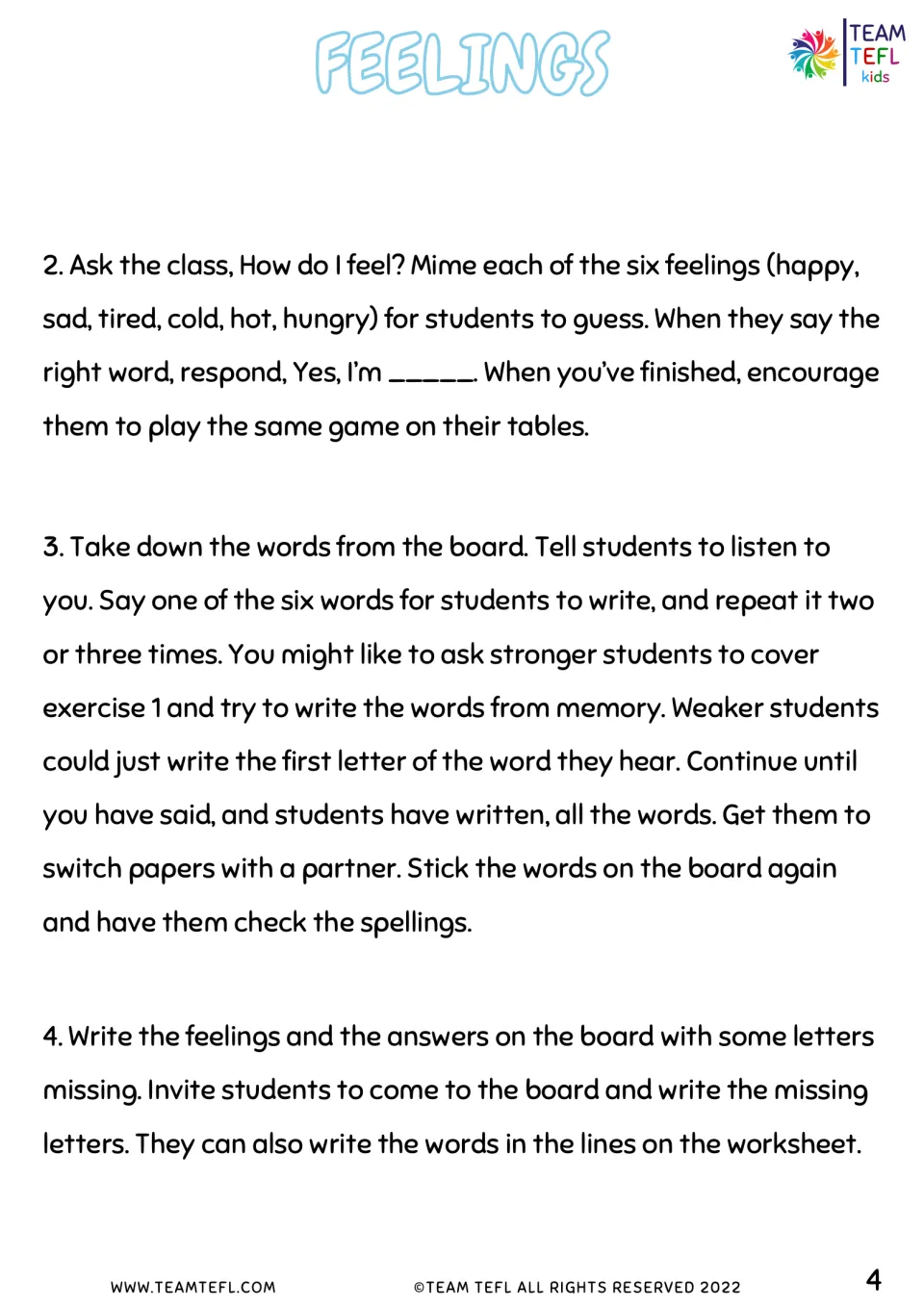 Feelings lesson steps 2 to 4: a mime guessing game, a listening and spelling dictation, and filling in missing letters