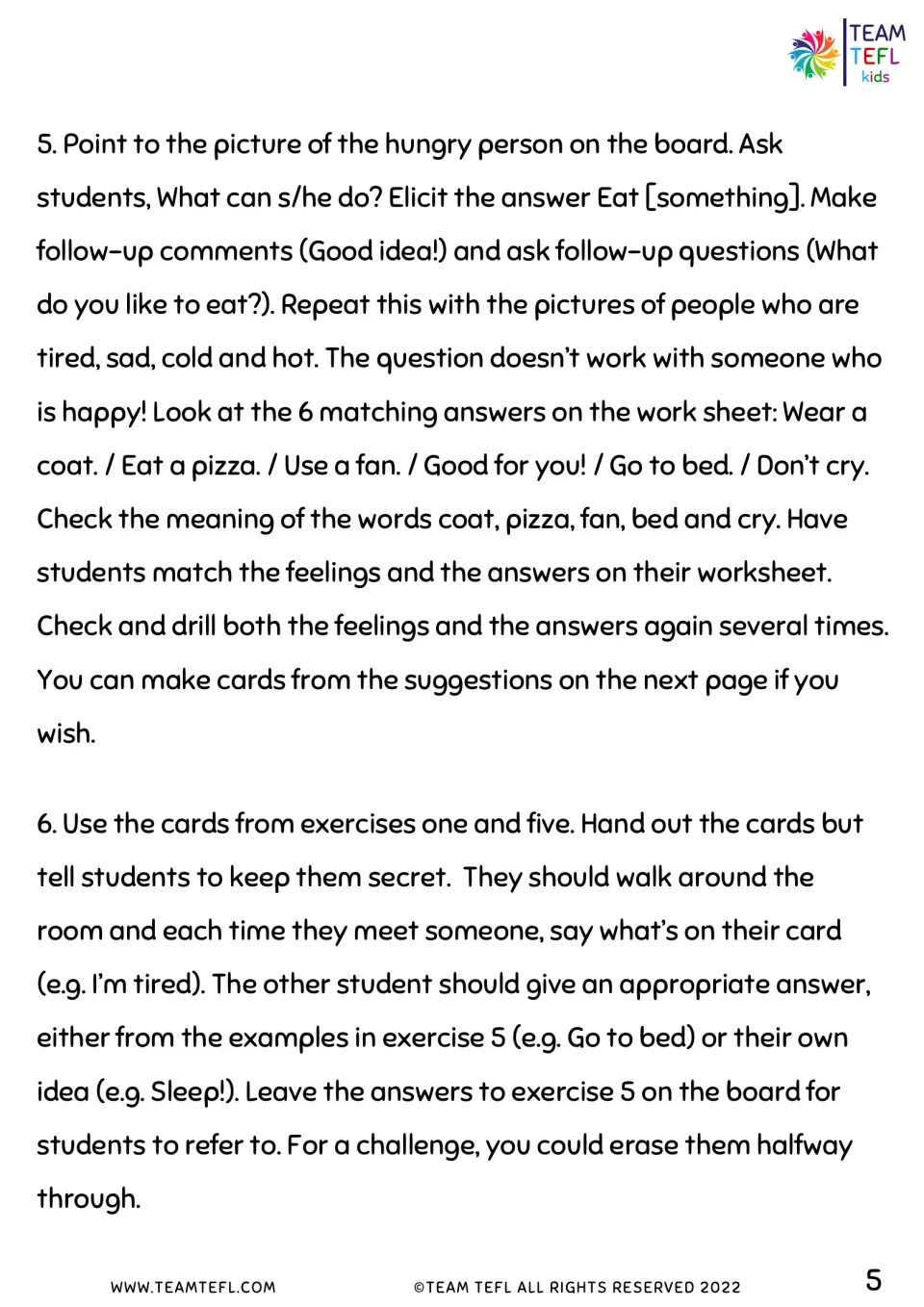 Feelings lesson steps 5 and 6: students suggest what to do for each feeling, match answers, then role-play with secret cards