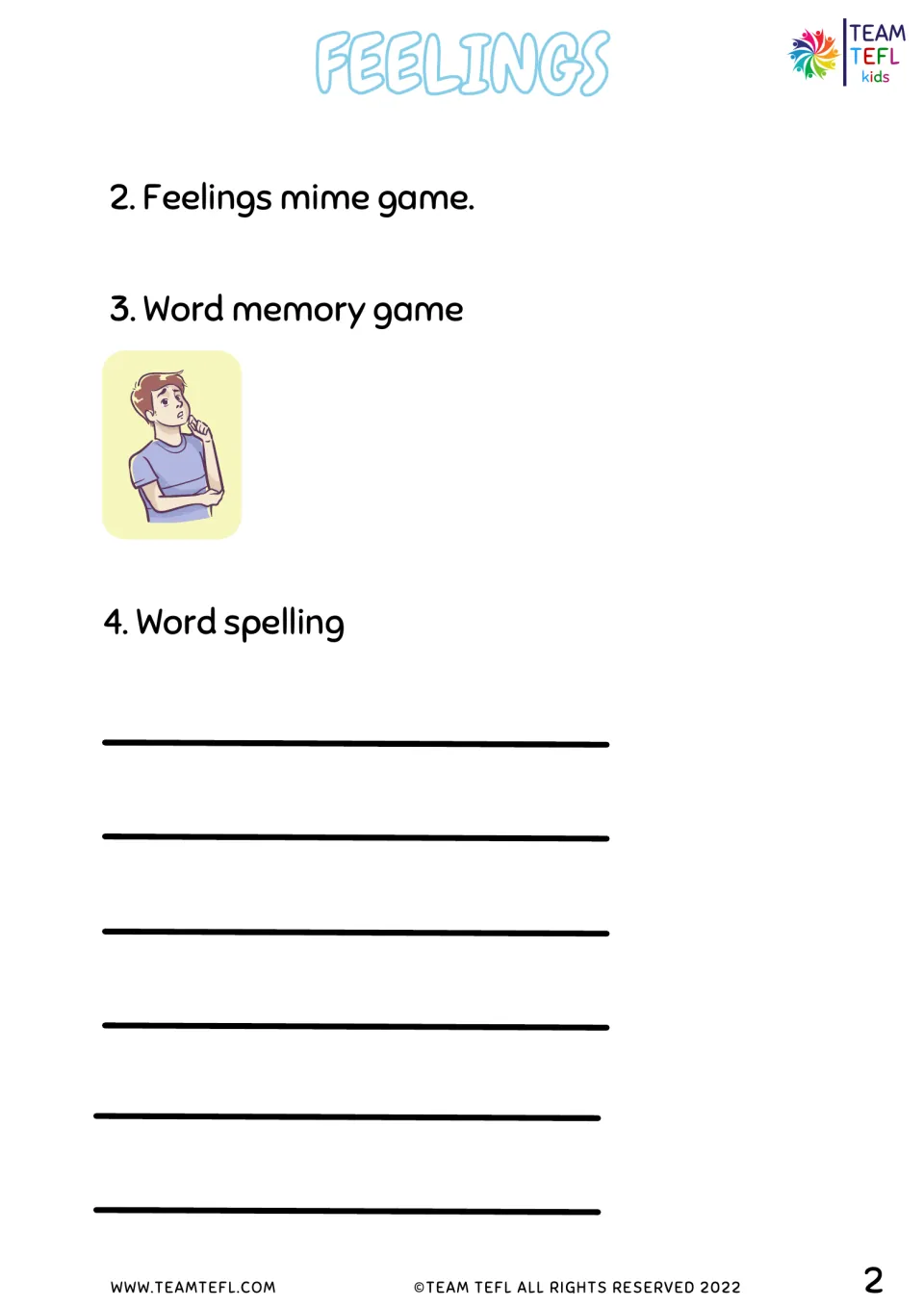 Feelings mime game and word memory game prompts, with six lines where students write feeling words for spelling practice