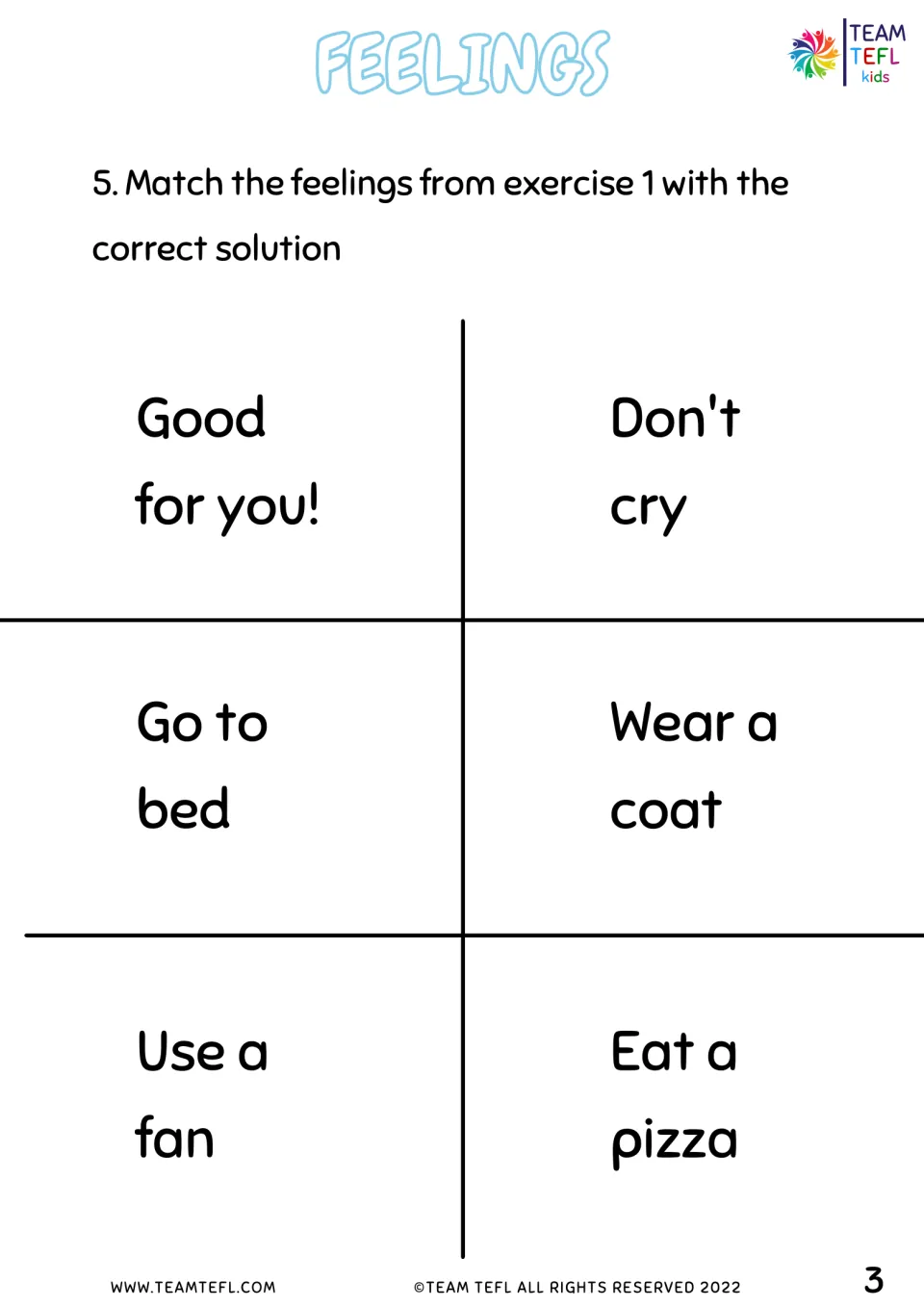 Matching feelings to solutions: students pair each feeling from exercise 1 with Go to bed, Wear a coat, Eat a pizza and more