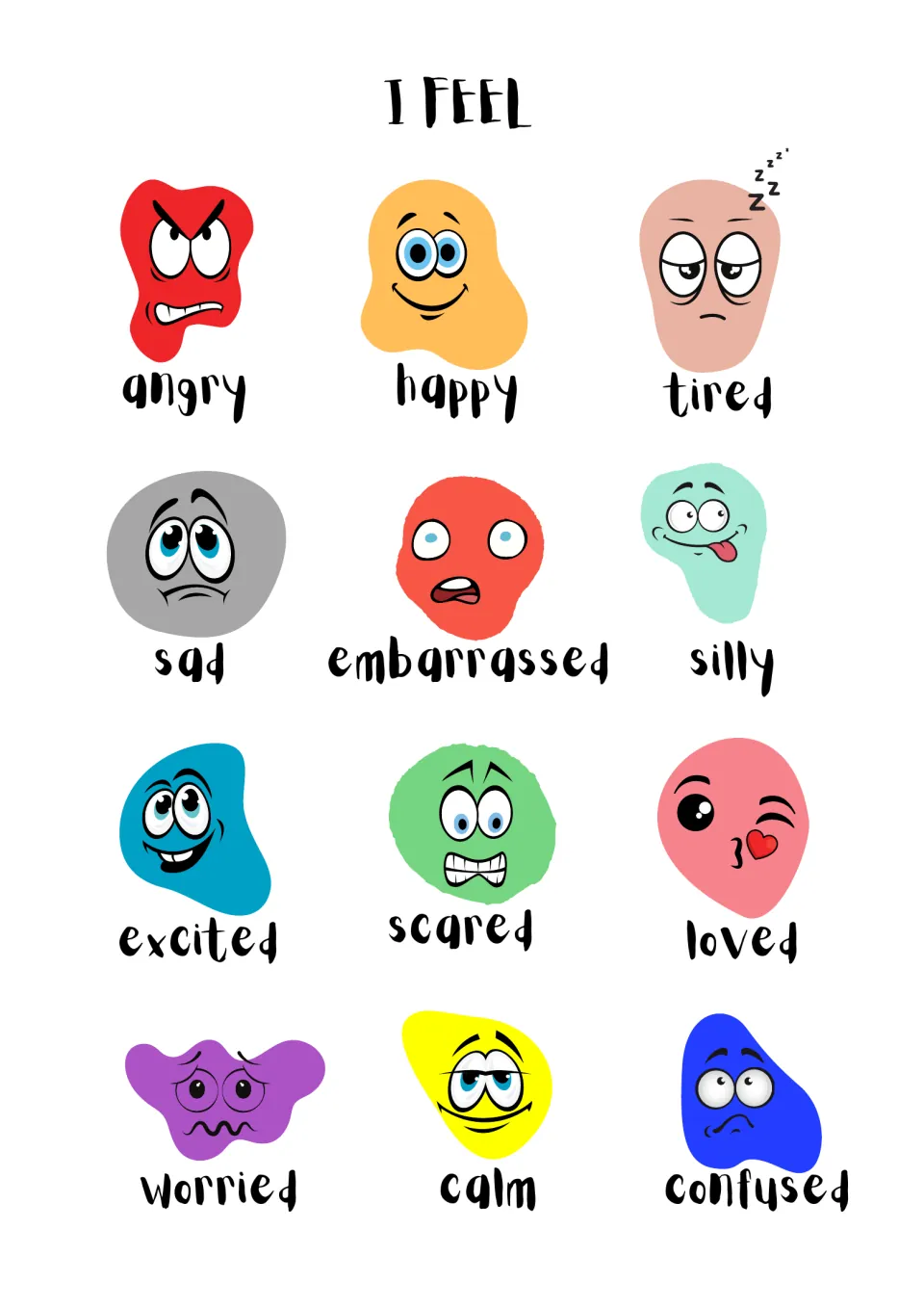 I Feel chart of 12 labeled cartoon faces, from angry, happy and tired to worried, calm and confused, for naming emotions