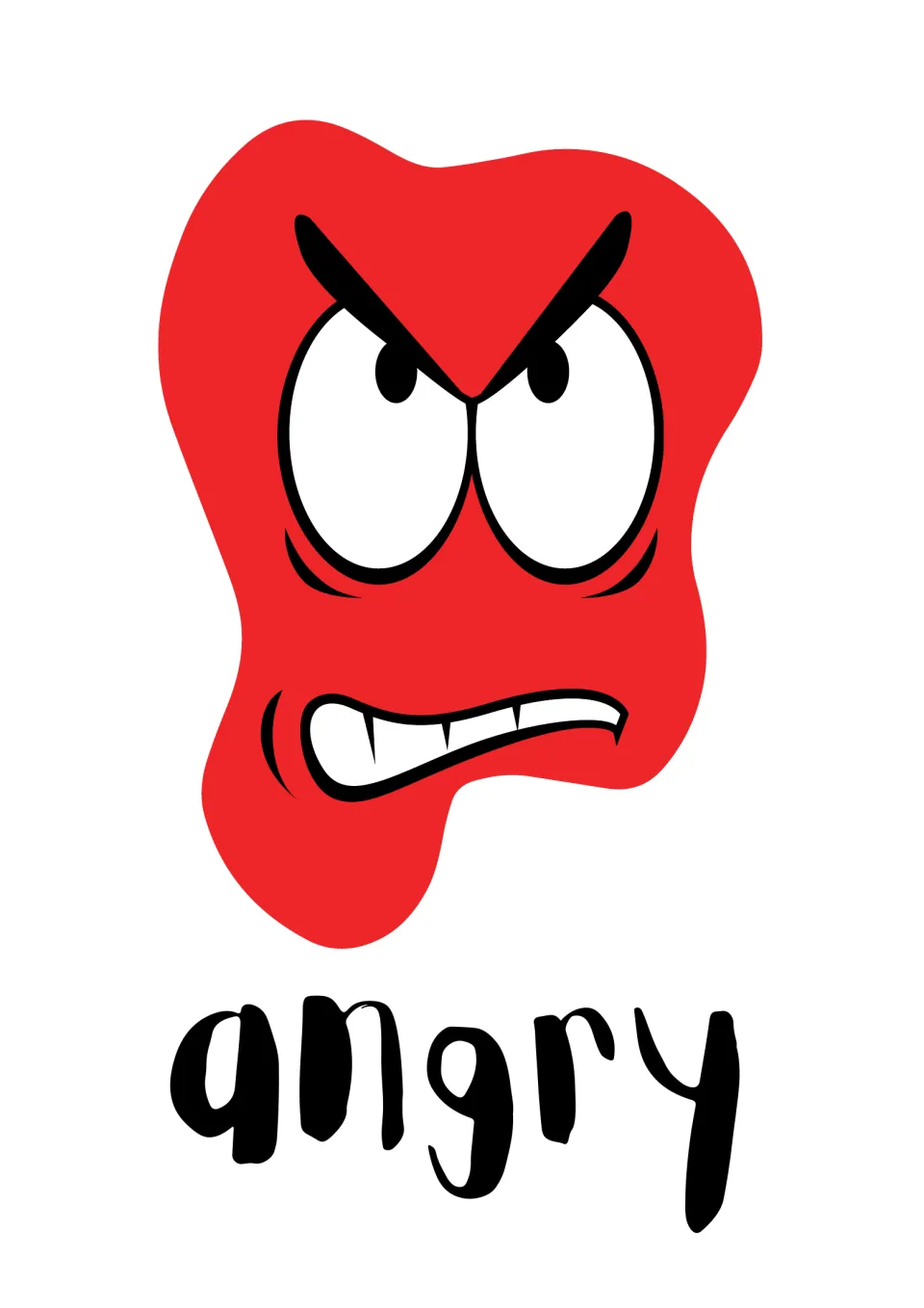 Angry emotion card: a red cartoon face with slanted brows and gritted teeth above the word angry, for naming feelings