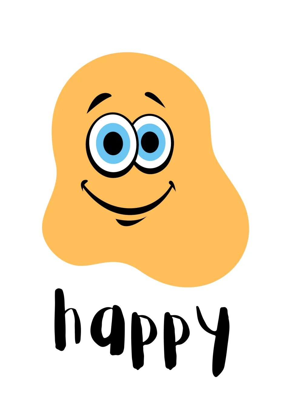 Happy emotion card: an orange cartoon face with wide blue eyes and a big smile above the word happy for emotion naming
