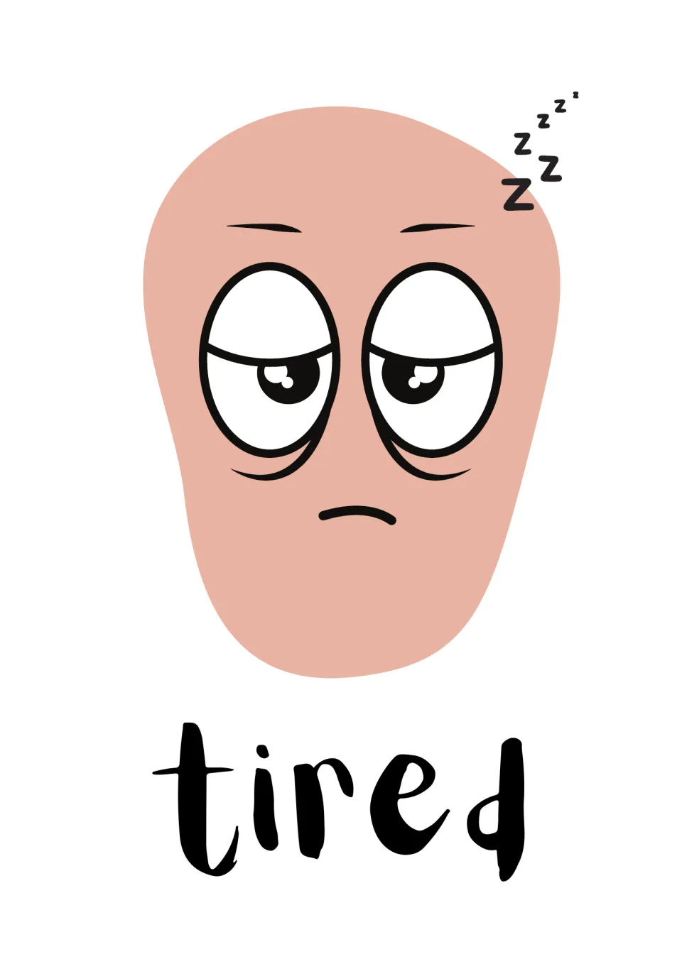 Tired emotion card: a peach cartoon face with droopy eyelids, a small frown and floating Zzz letters above the word tired