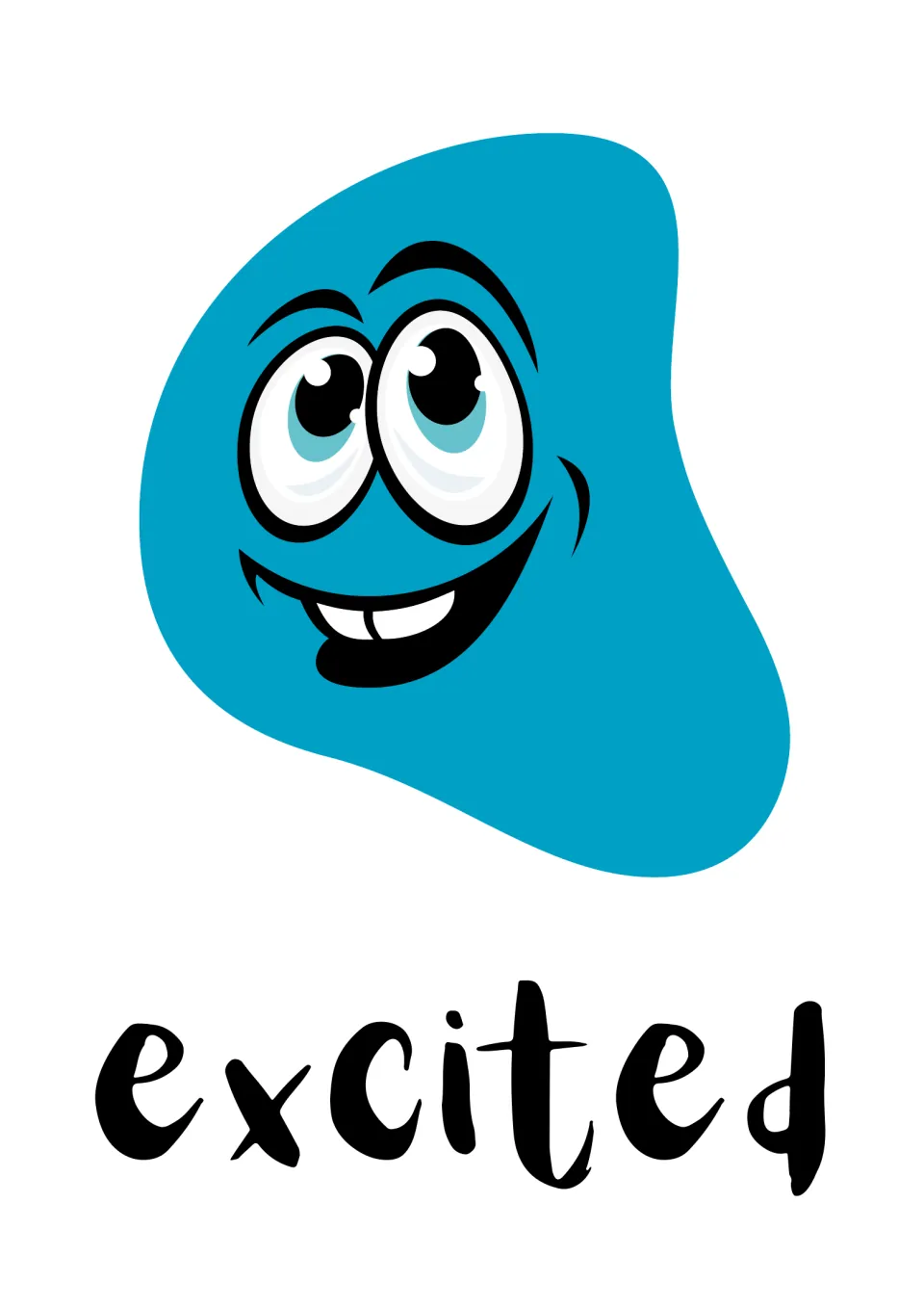 Excited emotion card: a blue cartoon face with big upward-looking eyes and a wide open-mouth grin above the word excited