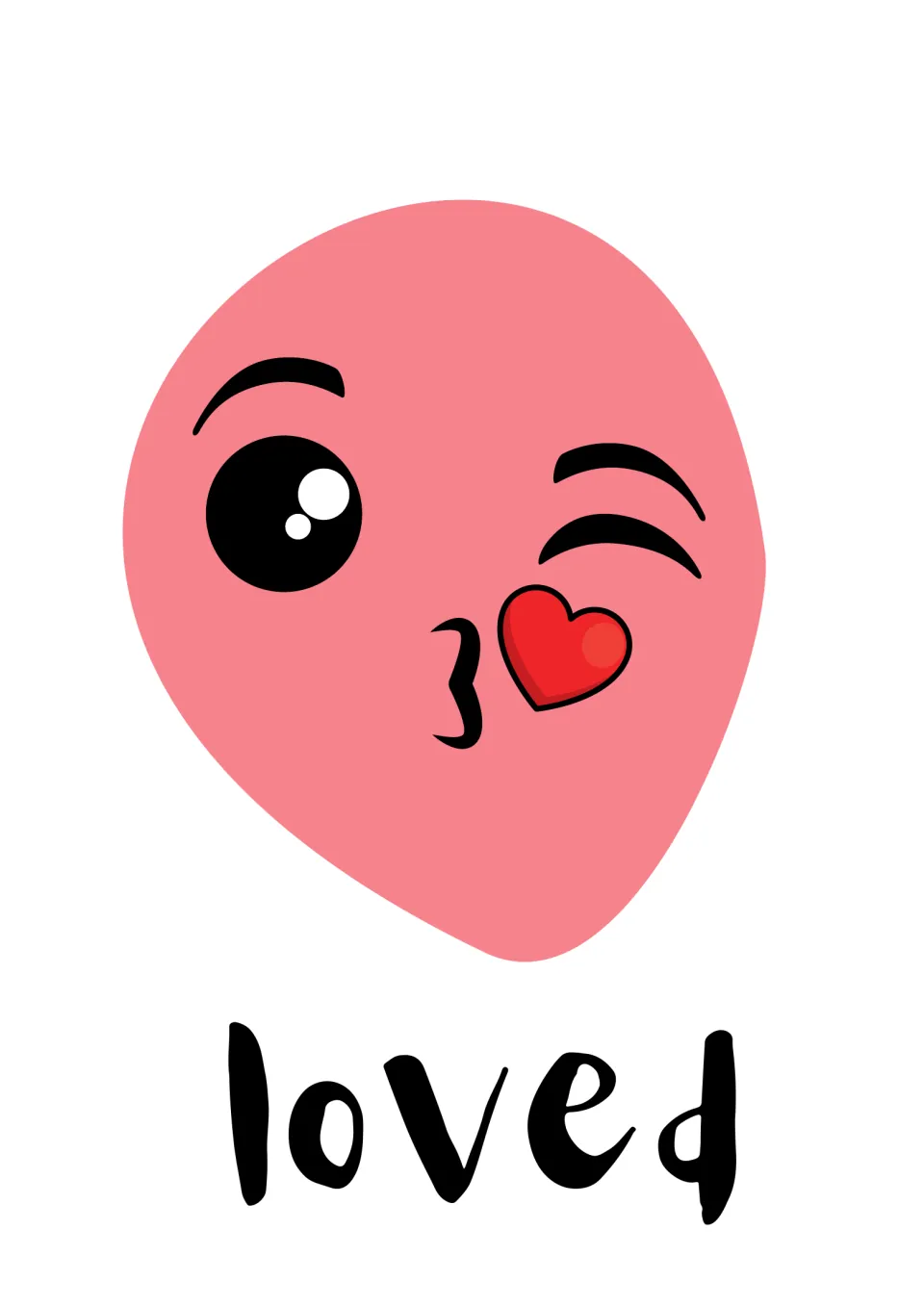 Loved emotion card: a pink cartoon face winking and blowing a kiss with a red heart above the word loved