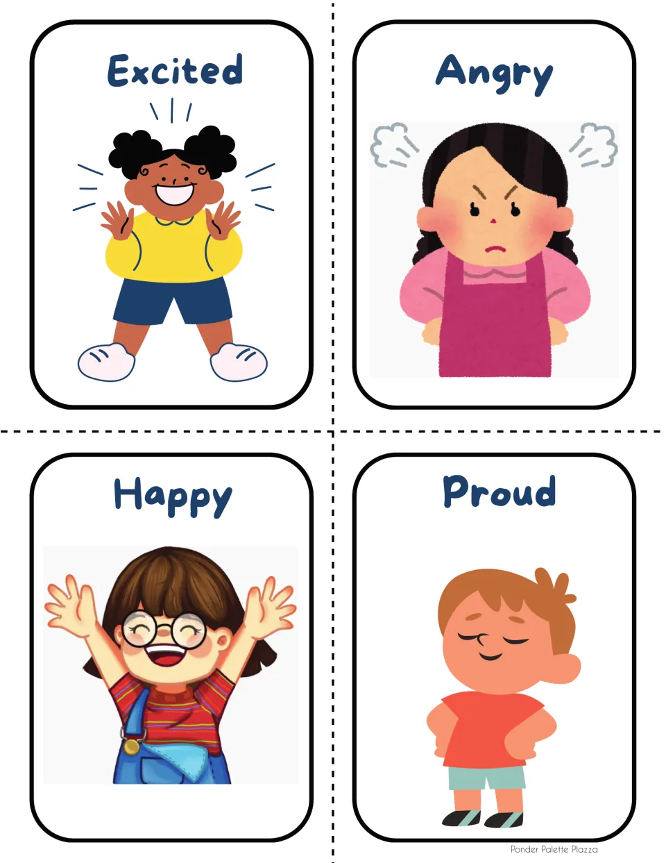 Emotion vocabulary cards: excited, angry, happy and proud, each word above a child showing that feeling to name