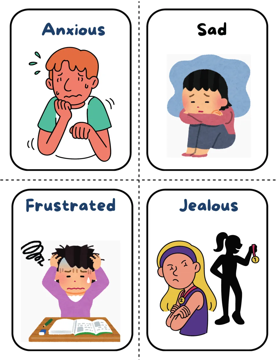 Emotion cards for anxious, sad, frustrated and jealous, each showing a child acting out the feeling for students to name