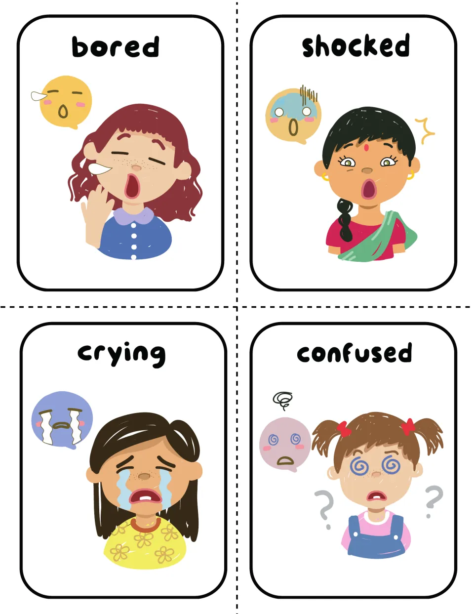 Feeling word cards for bored, shocked, crying and confused, each with a matching emoji and a child's expressive face