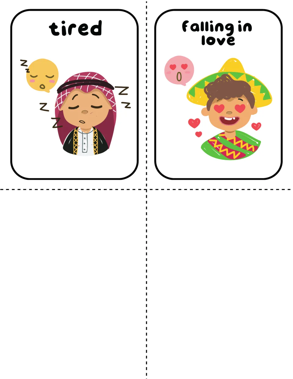 Last two emotion cards: tired, with a sleeping child and Zs, and falling in love, with heart eyes and floating hearts