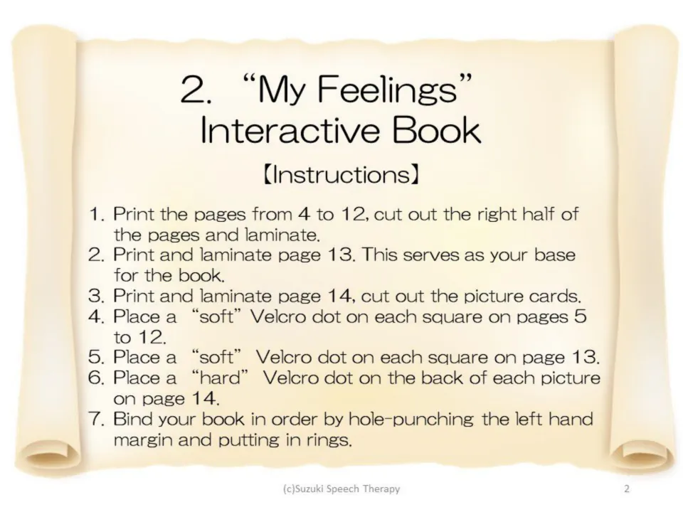Assembly instructions for the first feelings book: print, cut, laminate, add Velcro dots, and bind with rings