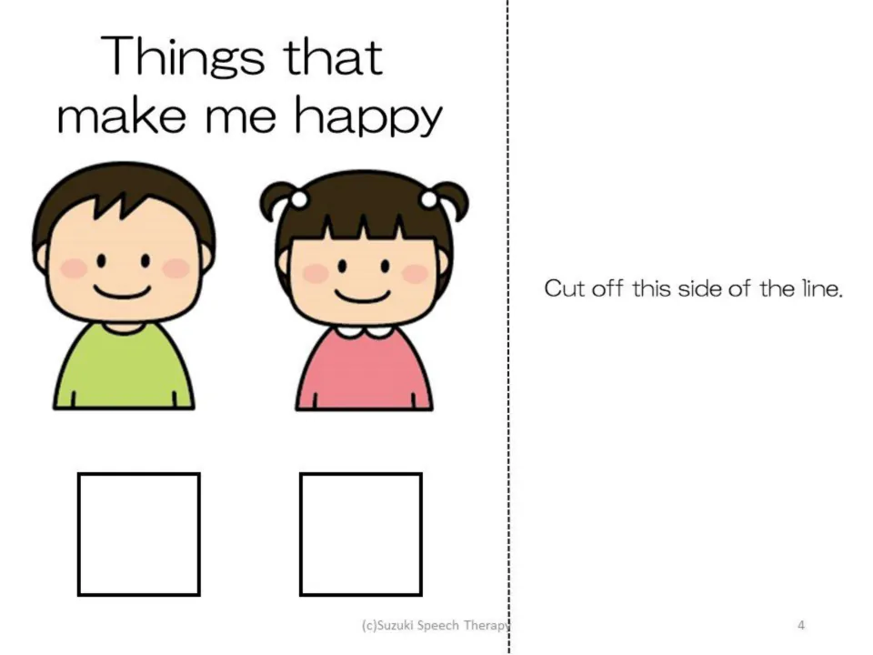 Happy feeling page in the first book: “Things that make me happy,” with smiling children for picture matching