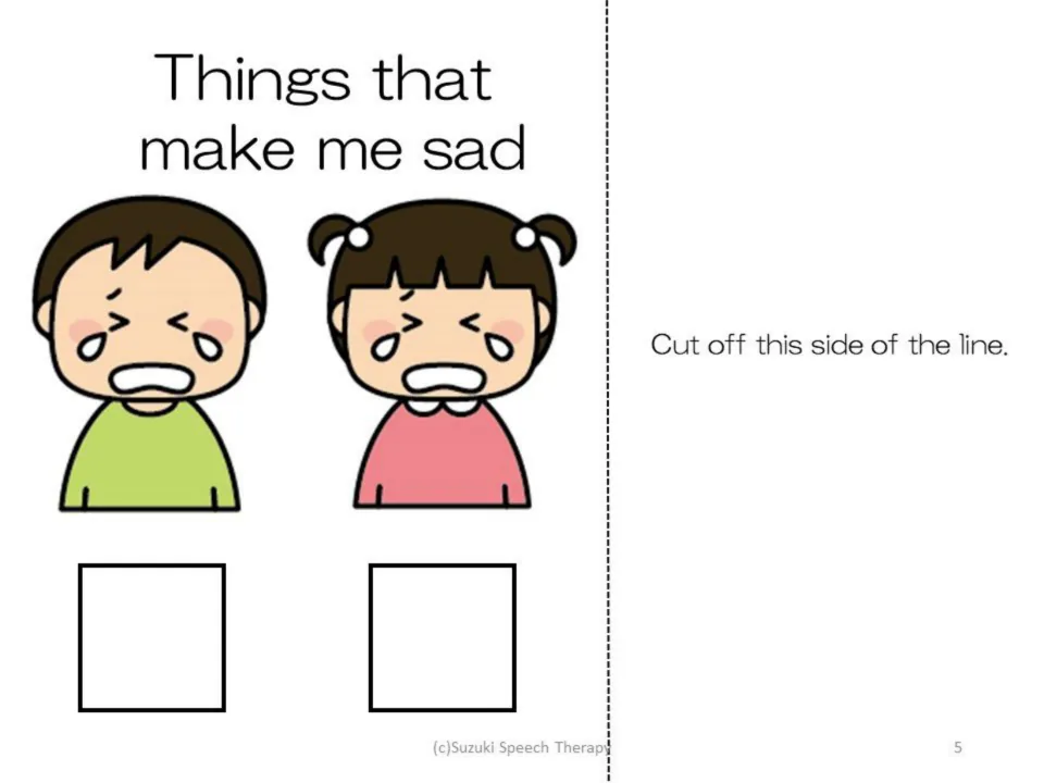 Sad feeling page in the first book: “Things that make me sad,” with crying children for picture matching