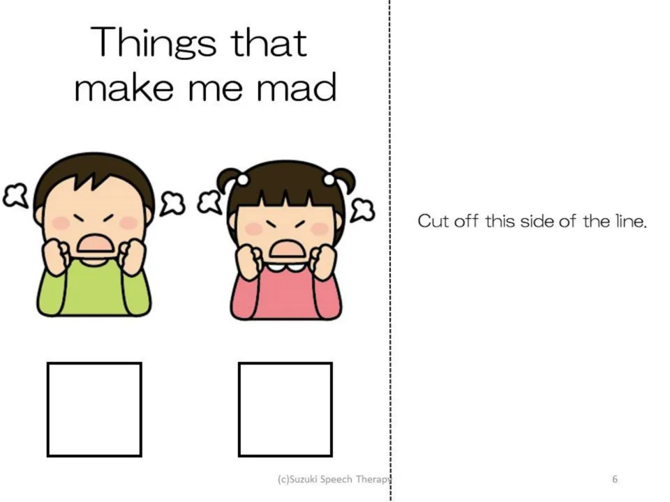 Mad feeling page in the first book: “Things that make me mad,” with angry children for picture matching