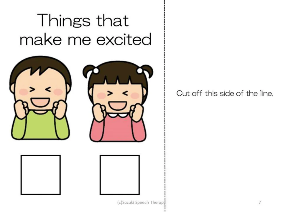 Excited feeling page: “Things that make me excited,” with two excited children for matching situation pictures