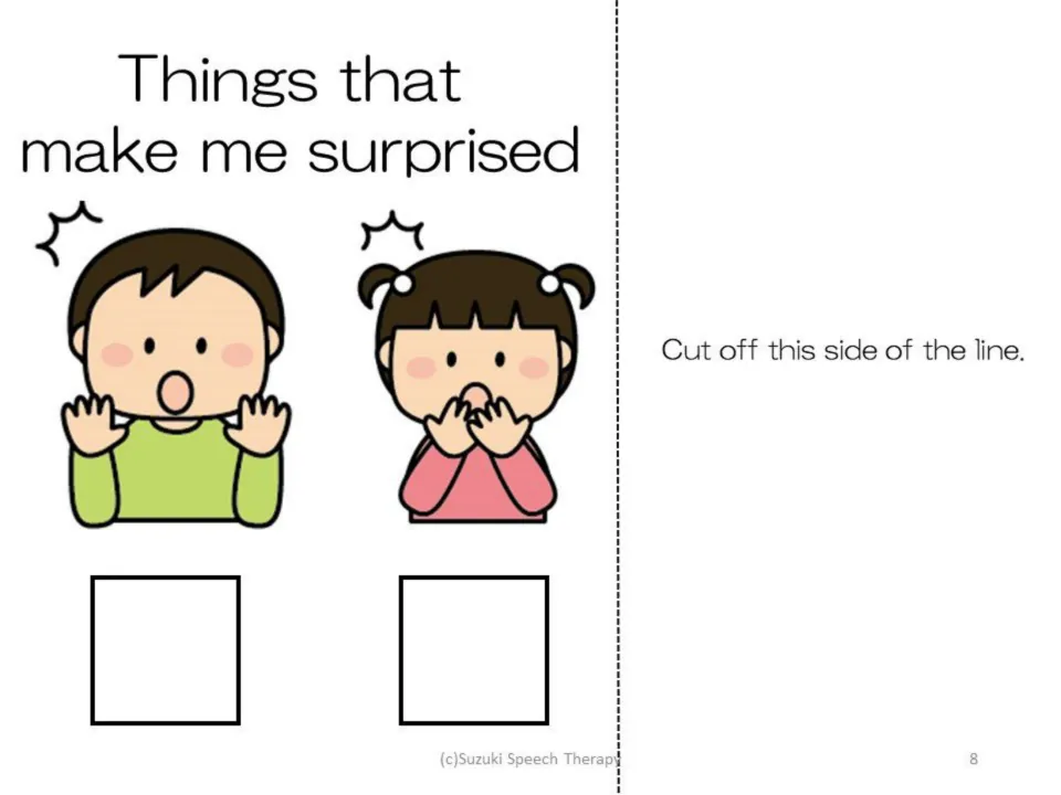 Surprised feeling page: “Things that make me surprised,” with two surprised children for picture matching