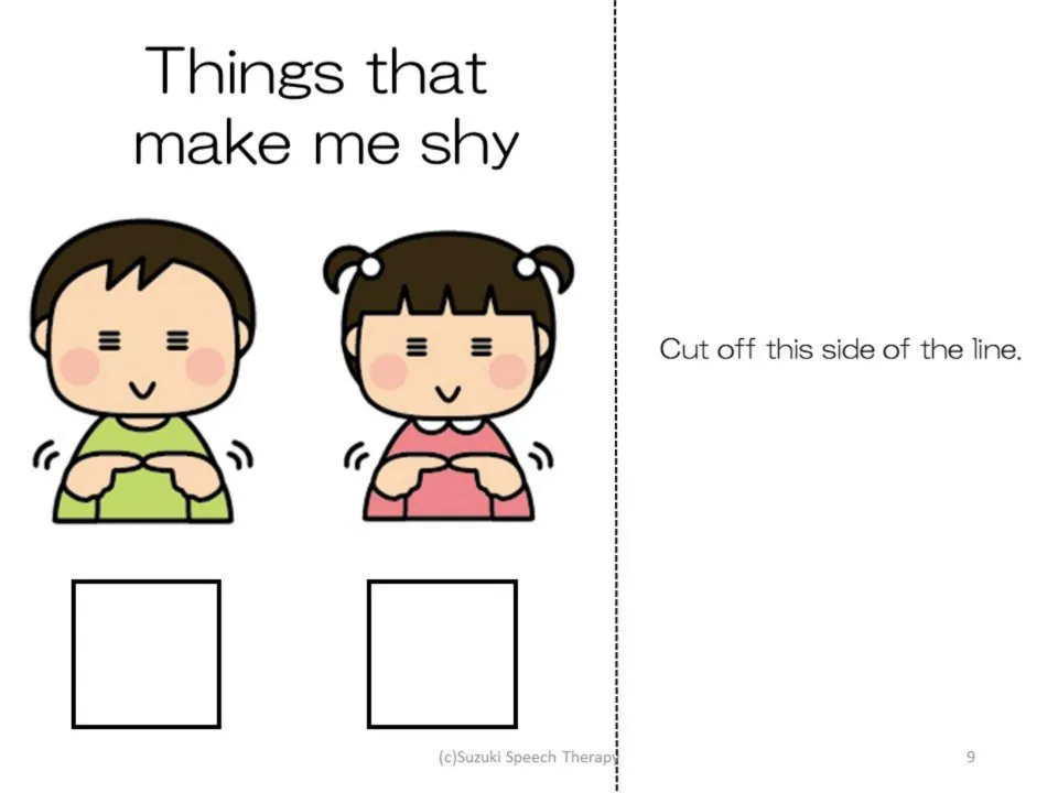 Shy feeling page in the first book: “Things that make me shy,” with two shy children for picture matching