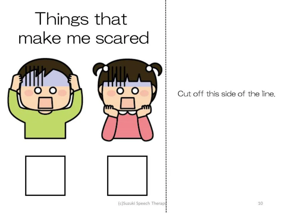 Scared feeling page: “Things that make me scared,” with two frightened children for matching situation pictures