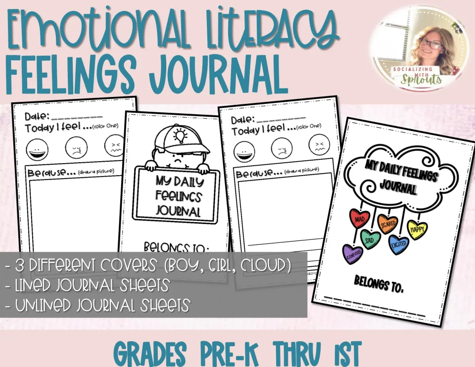 Emotional Literacy Feelings Journal cover: boy, girl and cloud covers plus lined and unlined Today I feel journal sheets