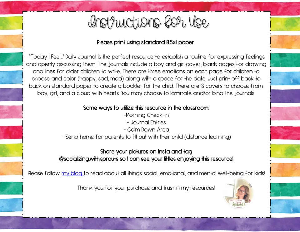 Instructions for Use: print back to back to make a feelings booklet, with uses like morning check-in and calm down area