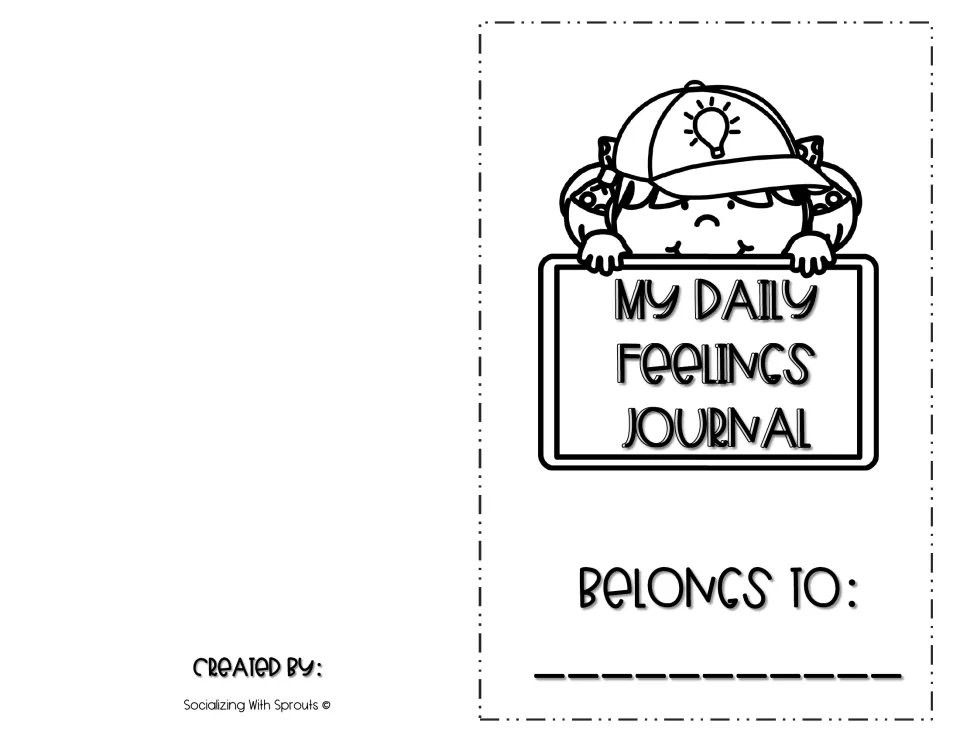 Girl cover reading My Daily Feelings Journal: a girl in a cap with pigtails holds the sign above a Belongs to: name line