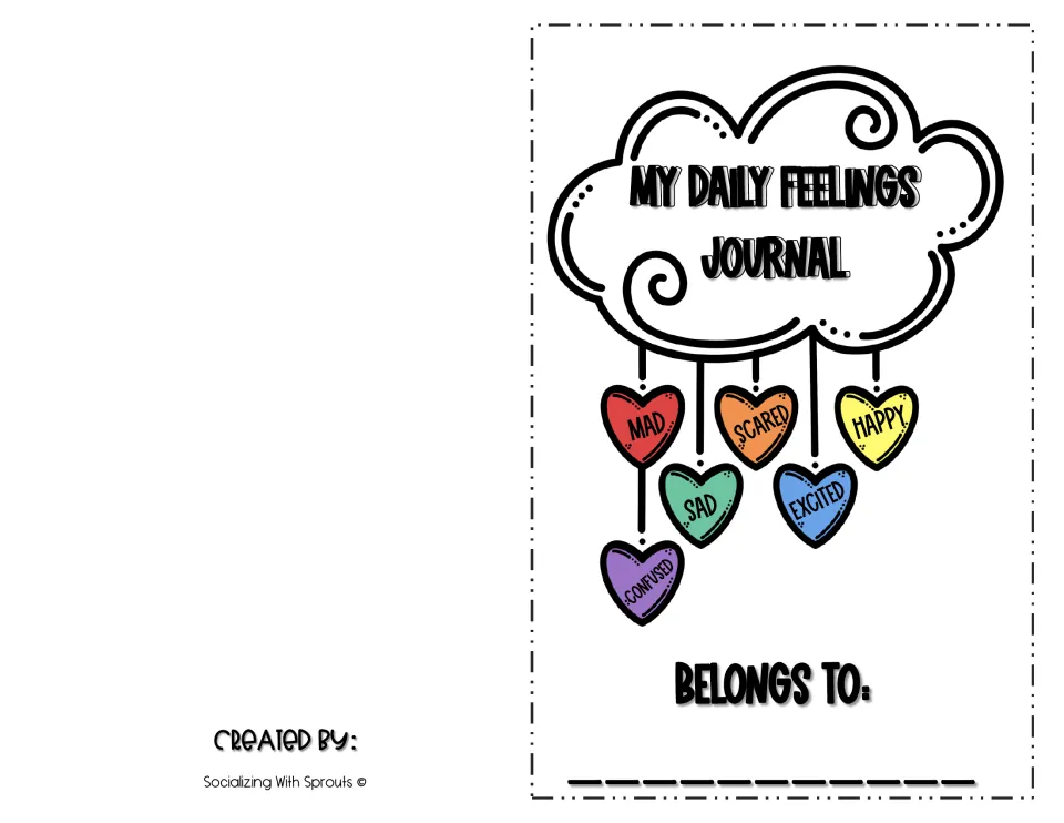 Cloud cover for My Daily Feelings Journal with hanging hearts labeled mad, sad, scared, excited, happy and confused