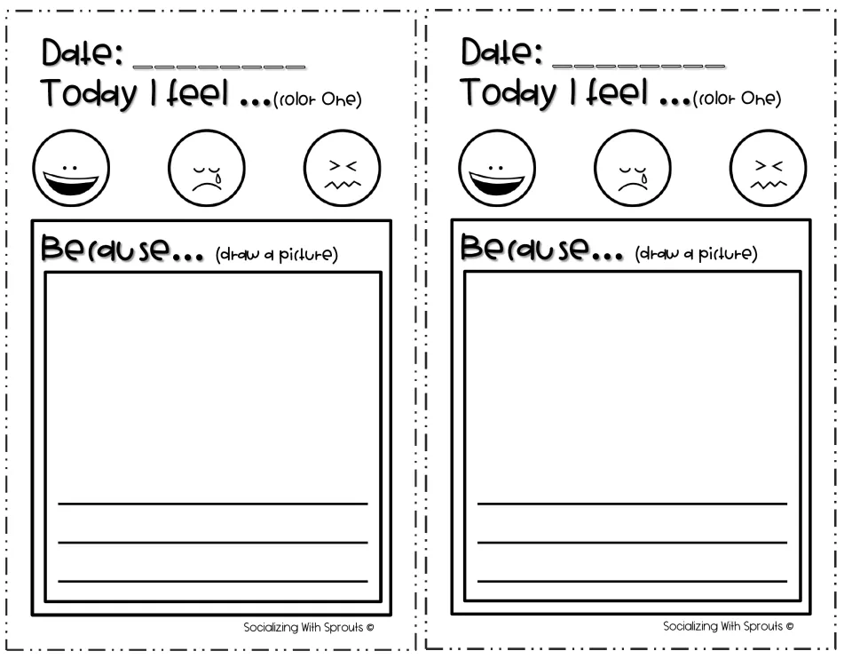 Lined Today I feel entry: color the happy, sad or mad face, draw why under Because..., then write words on the lines