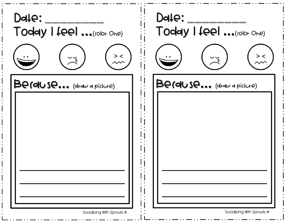 More lined daily feelings pages: date, pick one of three faces, then draw and write the reason the child feels that way