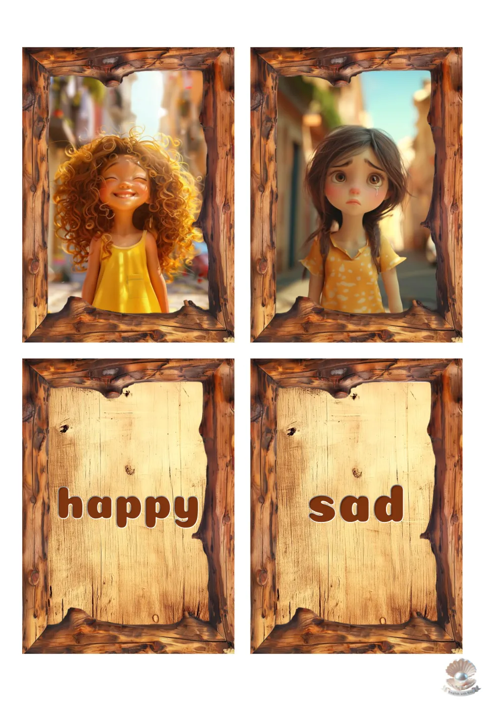 Feelings memory cards: a smiling curly-haired girl and a teary girl, plus word cards happy and sad for matching