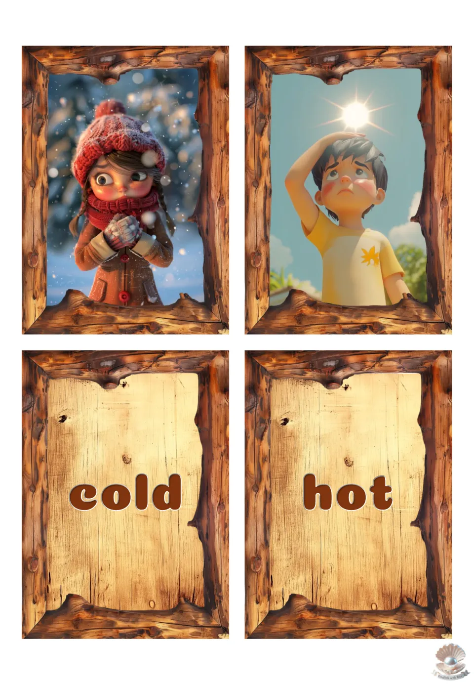 Feelings memory cards: a girl in hat and scarf in snow and a boy shading his eyes in the sun; words cold and hot