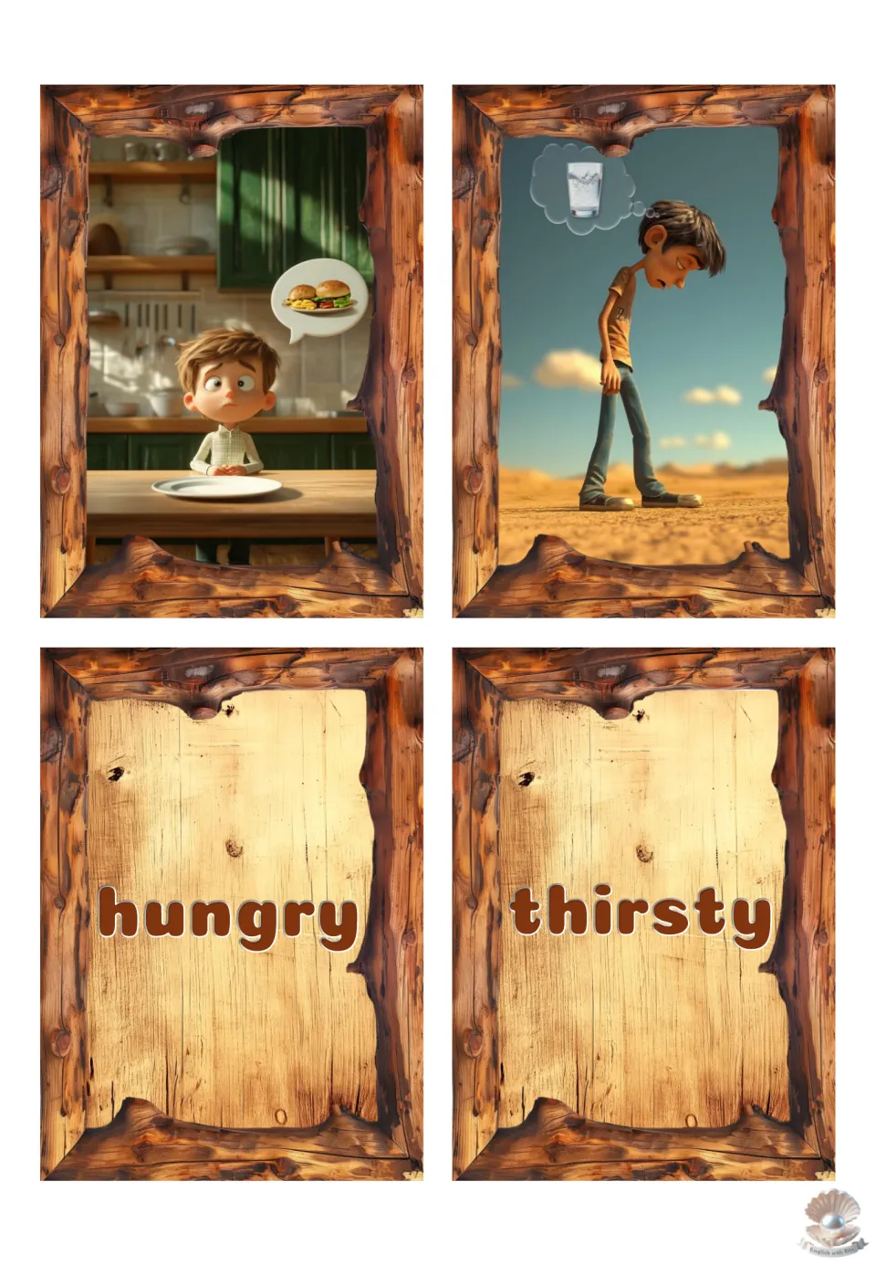 Feelings cards: a boy at an empty plate thinking of a burger, a desert boy picturing water; words hungry and thirsty