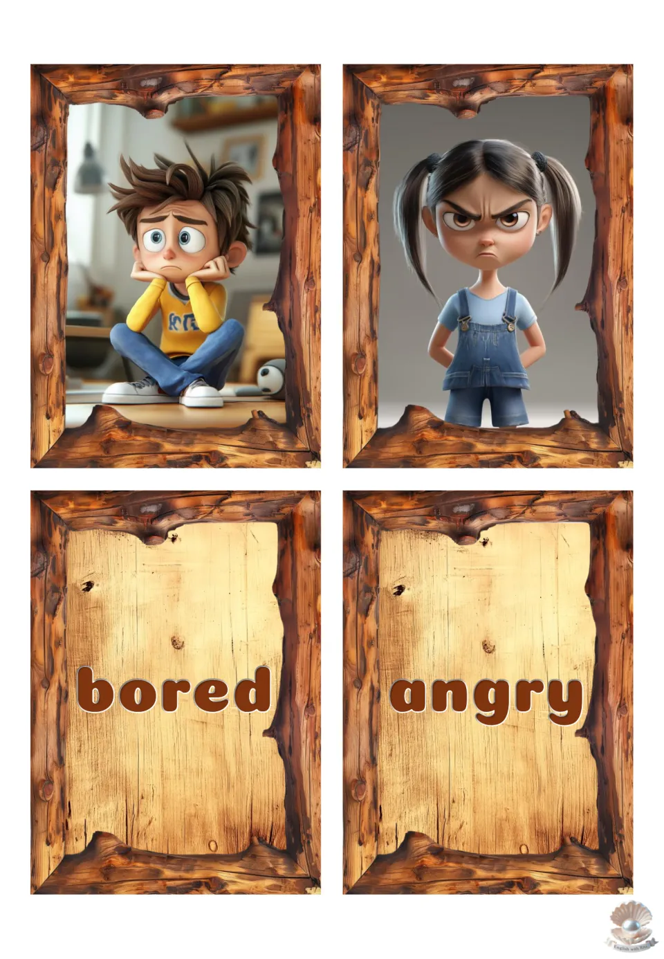Feelings memory cards: a boy resting his chin in his hands and a scowling girl in overalls; words bored and angry