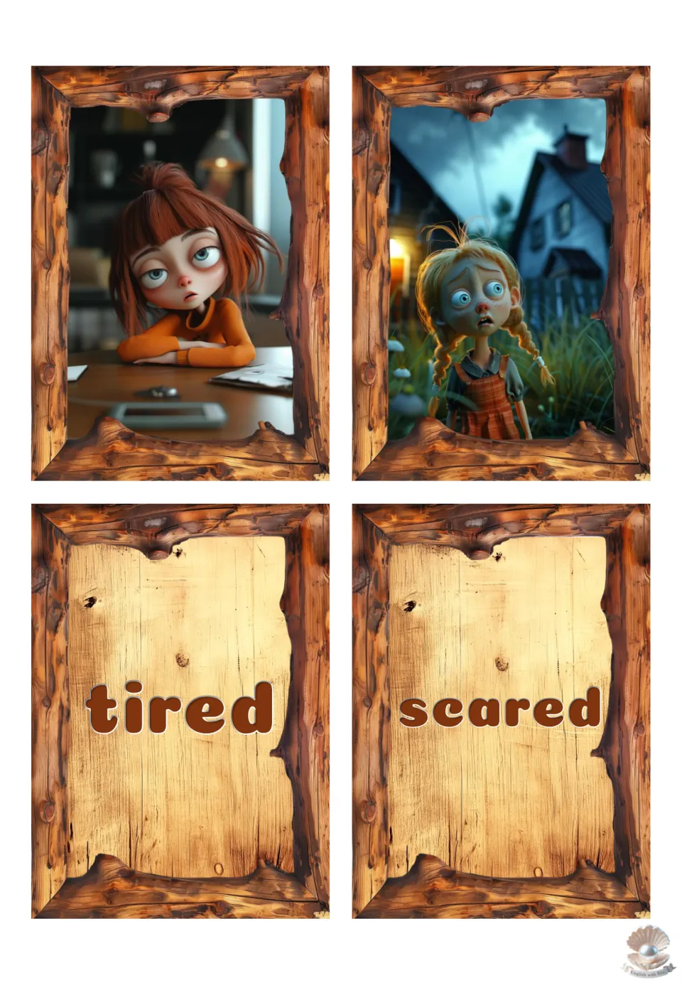 Feelings memory cards: a droopy-eyed girl at a table and a frightened girl by a dark house; words tired and scared