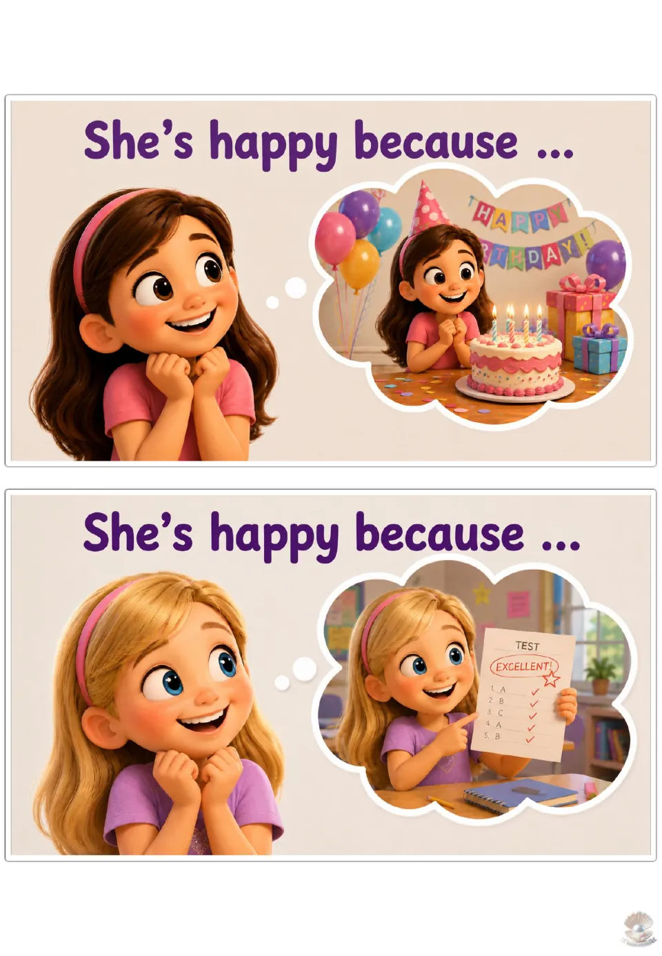 Happy sentence starter: students finish 'She's happy because ...' for a birthday party and a test marked Excellent