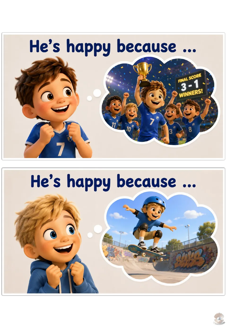 Happy sentence starter: students finish 'He's happy because ...' for a soccer trophy win and a skateboard jump