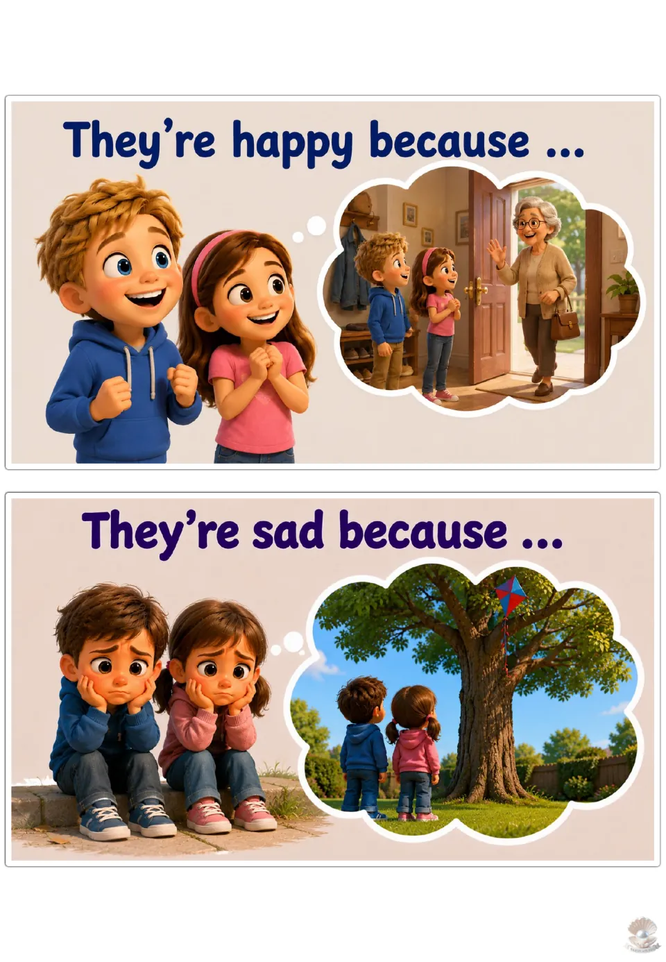 Sentence starters 'They're happy because ...' and 'They're sad because ...' with a grandmother's visit and a stuck kite