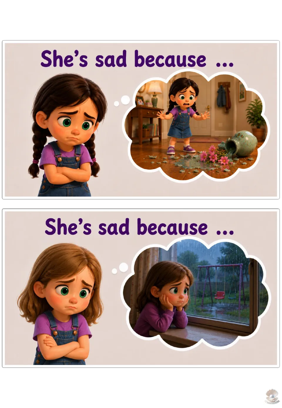 Sad sentence starter: students finish 'She's sad because ...' for a broken vase and a rainy day by the window